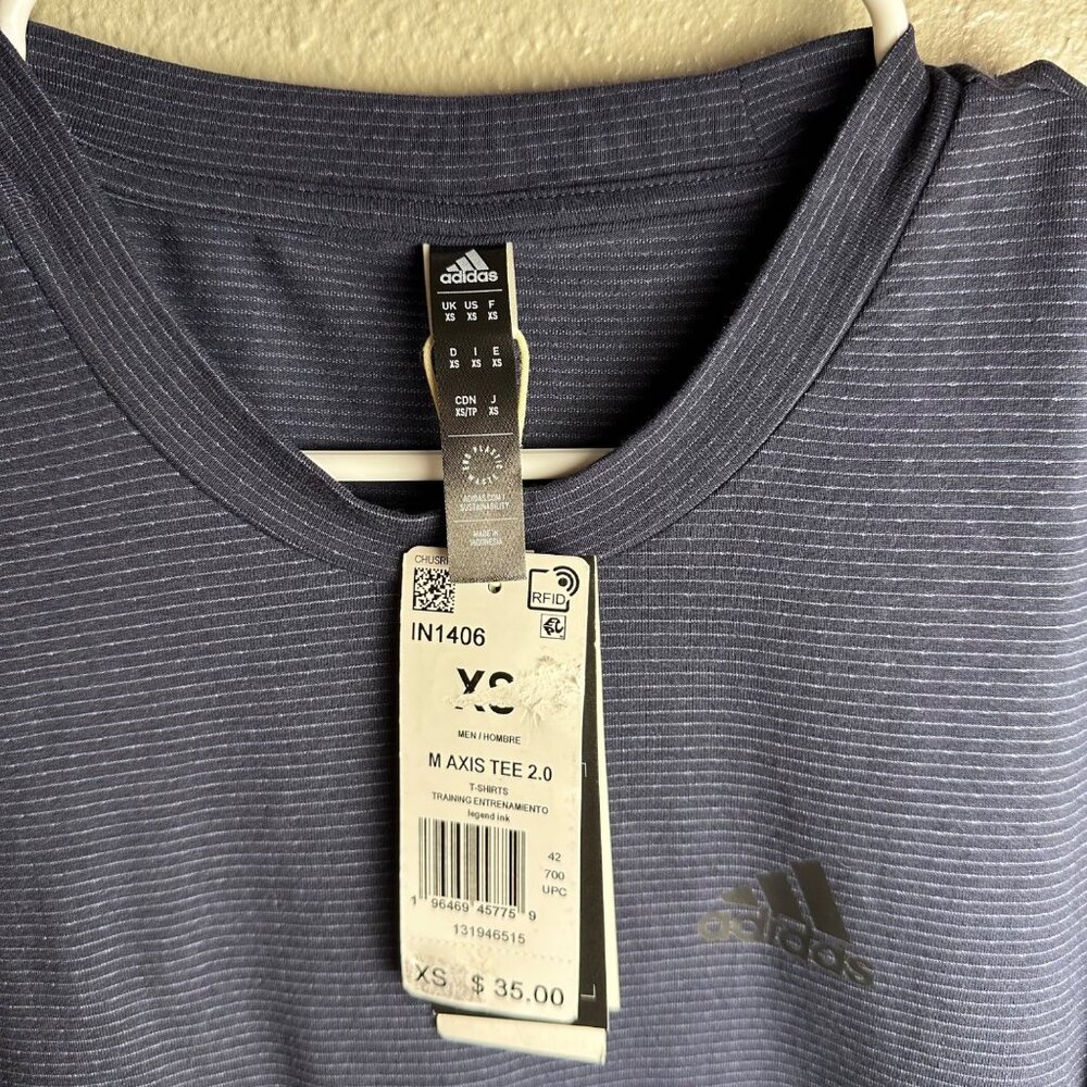 Adidas Mens Axis Tee 2.0 Training Shirt XS Navy Blue Striped Mens Activewear NWT - Picture 2 of 9